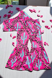 Children clothes suppliers Pink cheetah & turquoise cactus top & pant girl set DLH2317 (A3S5)