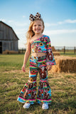Western serape & cow one arm top & bell bottoms girls boutique set DLH2326 6S5