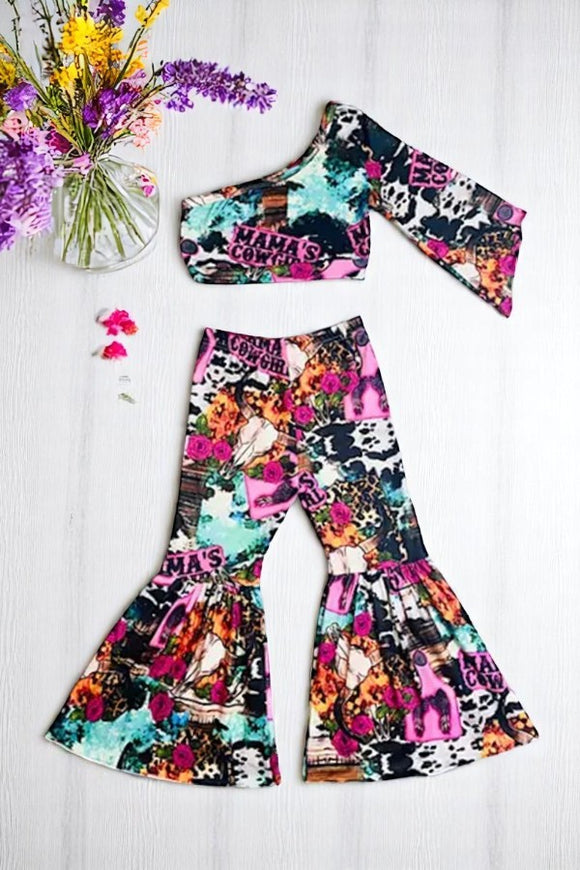 Girl set wholesale MAMAS COWGIRL printed crop top & bell bottoms DLH2327 (A3S5)