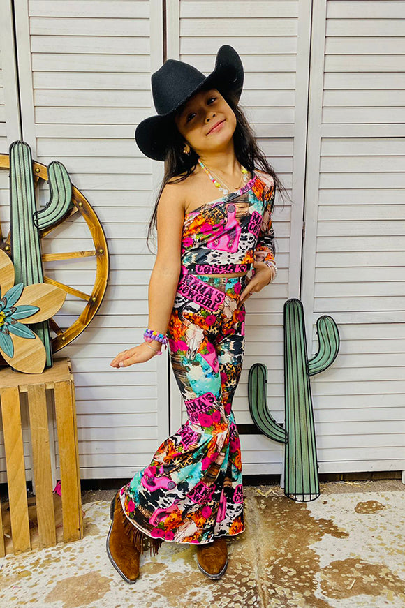 MAMAS COWGIRL printed crop top & bell bottoms girl set DLH2327