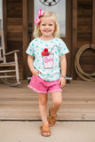 Western SODA Bubbly blue top pink distressed shorts girls boutique set DLH2341 (A3S4)