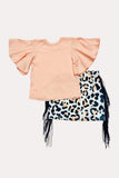 Western peach top & leopard fringe skirt girl's boutique set DLH2344
