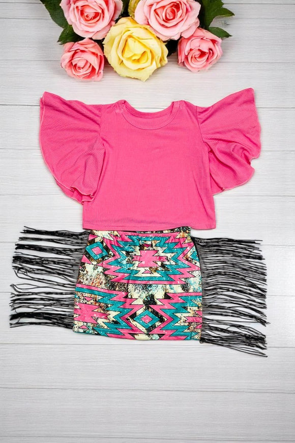 Shop kids clothes online soft Pink blouse w/multi color Aztec fringe skirt girl set DLH2348