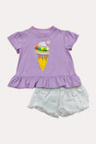 Western Ice cream top w/pompoms & white shorts girls boutique set DLH2352 (A3S4)
