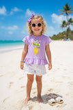 Western Ice cream top w/pompoms & white shorts girls boutique set DLH2352 (A3S4)