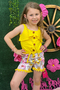 DLH2354 Yellow blouse w/floral shorts girl 2pcs set