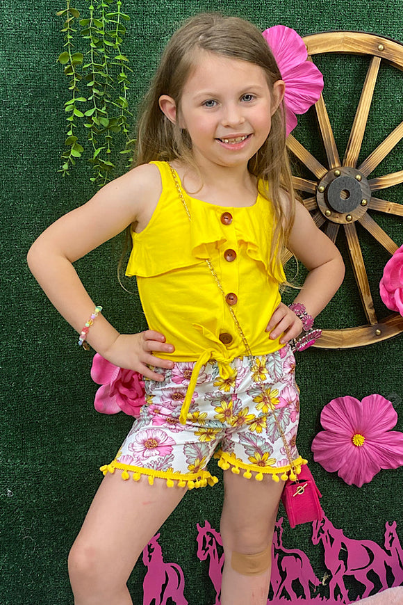 DLH2354 (A3S6) Yellow blouse w/floral shorts girl 2pcs set