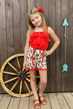 Western red top & bull skull ,boots shorts girls boutique set DLH2356 (A3S6)