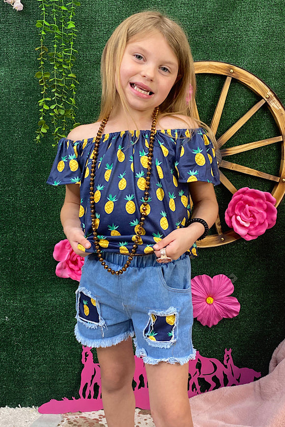 DLH2360 (A3S7) Pineapple printed girl blouse & shorts 2pcs set