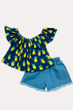 Chic pineapple off shoulder top denim shorts girls boutique set DLH2360 (A3S2)