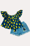 Chic pineapple off shoulder top denim shorts girls boutique set DLH2360 (A3S2)