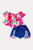 Western tie dye off the shoulder blouse denim shorts girls boutique set DLH2361 (A3S3)