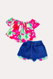 Western tie dye off the shoulder blouse denim shorts girls boutique set DLH2361 (A3S3)
