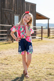 Western tie dye off the shoulder blouse denim shorts girls boutique set DLH2361 (A3S3)