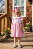 Plaid flower embroidery short sleeve smocked girls dress DLH2362 (A1S5)