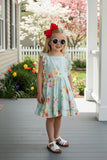 Trendy turquoise floral print girls bouitique dress DLH2364 (A1S4)