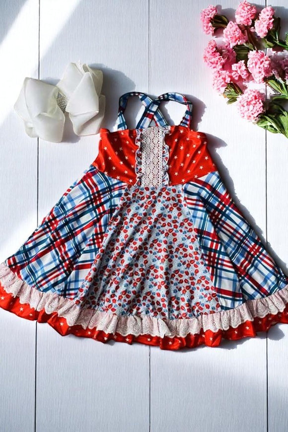 Girls dress wholesale Multi print red & sleeveless straps & lace trim DLH2367
