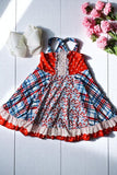 Girls dress wholesale Multi print red & sleeveless straps & lace trim DLH2367