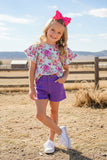 Western floral top purple denim shorts girls boutique sets DLH2389 (A3S3)