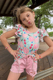 DLH2390 Fruits printed girls blouse w/ruffle sleeves