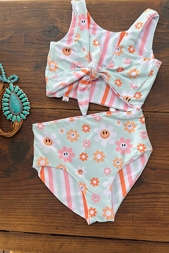 Smiley face floral w & striped printed reversable 2pc girls swimsuits set DLH2396