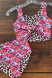 Western leopard & floral printed reversible 2pc swimsuits girls boutique set DLH2398 A8S3