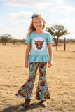 Western aqua top daisy & cow bell bottom pant girls boutique set DLH2423 6S5