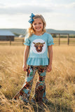 Western aqua top daisy & cow bell bottom pant girls boutique set DLH2423 6S5