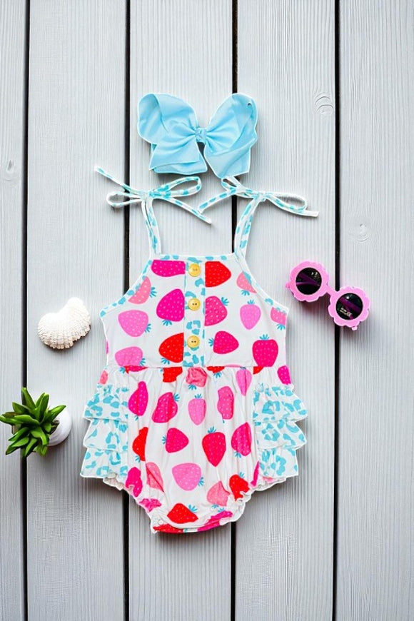 Shop Strawberries & light blue cheetah ruffle baby romper DLH2430 A13S4