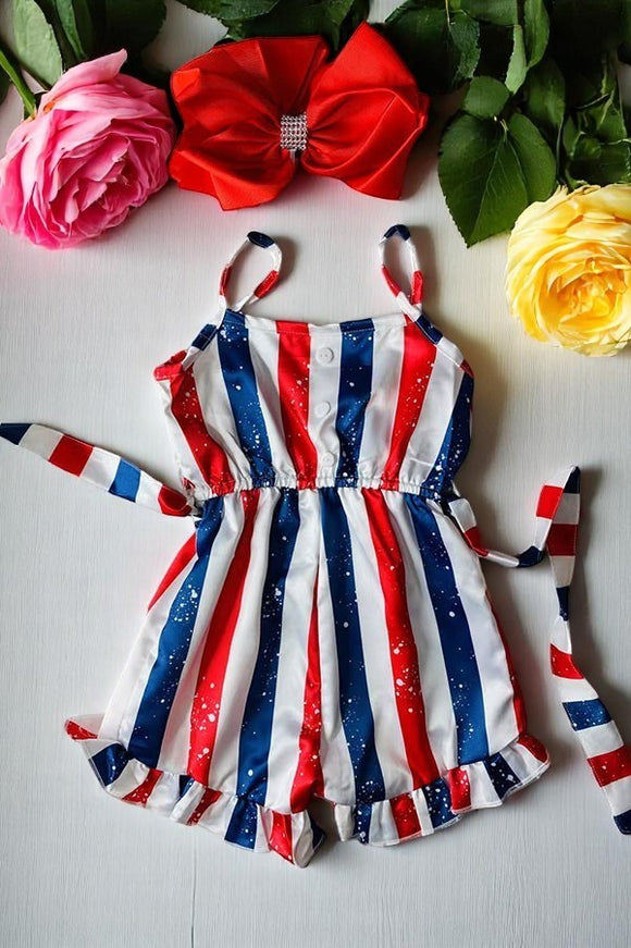 4th July Girls clothing suppliers White, red & blue stripped jumpsuit DLH2452