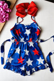 Kids jumpsuit suppliers Red White star printed one piece girls romper with belt DLH2453