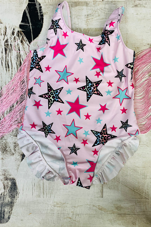 Pink star printed bathing suite w/fringe tassels girls swimsuit DLH2458