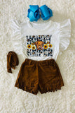 HOWDY HEIFER western printed top & suede tassel shorts girls set DLH2475