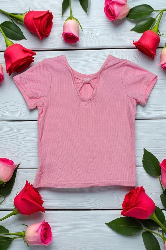 Shop Ribbed knitted fabric solid pink short sleeves pink top DLH2497 (A7S8)