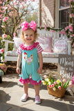 DLH2511 Aqua & hot pink embroidered chicken ruffle baby romper (A14S1)