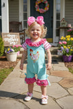 DLH2511 Aqua & hot pink embroidered chicken ruffle baby romper (A14S1)