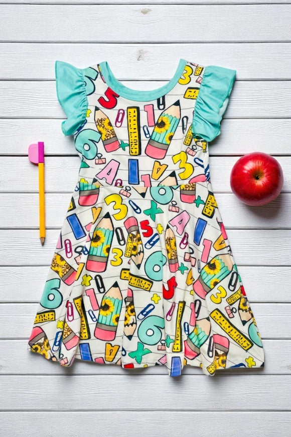 Back to school turquoise ruffle short sleeve girls dress DLH2514 (A8S8)