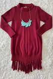 DLH2516 Burgundy knit long sleeve girls sweater dress w/tassels