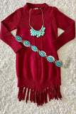 DLH2516 Burgundy knit long sleeve girls sweater dress w/tassels