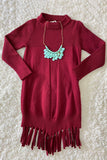 DLH2516 Burgundy knit long sleeve girls sweater dress w/tassels