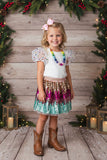 Western white lace sleeve top sparkle sequin skirt girls boutique sets DLH2535 (A4S1)