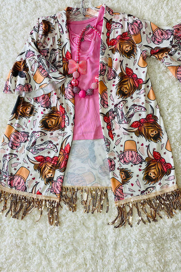 DLH2545 Cow western printed girls cardigan w/sequin fringe tassels