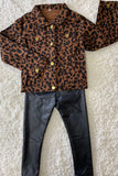 DLH2583 Kids Brown leopard printed long sleeve denim jacket