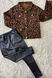 DLH2583 Kids Brown leopard printed long sleeve denim jacket