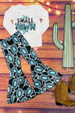 DLH2621 Kids "Just a SMALL TOWN Girl" printed top & Jewel & cow bell bottoms 2pc girls sets