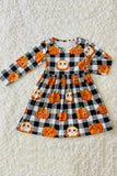 Cute pumpkins on black/white plaid girls dress DLH2627