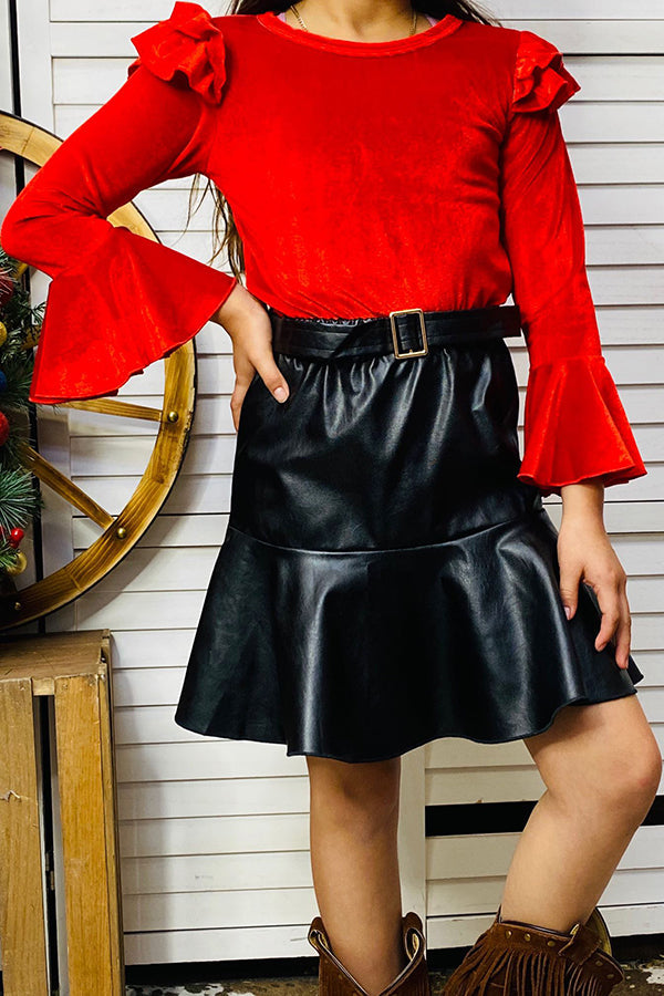 Red Velvet Ruffle Sleeve Top Leather Skirt Girls Outfit Sets