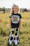 Western cowgirl black short sleeve top cow bell bottom 2pc girls boutique sets DLH2636 (A5S1)