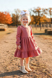 Knit solid coral Long sleeve girls swirl dress w/ruffle DLH2642 (A2S8)