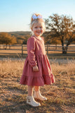 Knit solid coral Long sleeve girls swirl dress w/ruffle DLH2642 (A2S8)